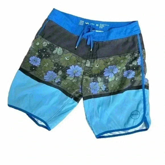 RVCA Mens Size 33 Blue Floral Pattern Surf Board Shorts Swim Trunks I3 - Picture 1 of 8
